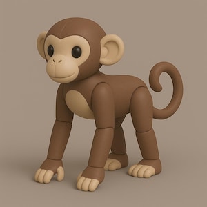 Könnte beinhalten: Eine braune und beige Affenfigur mit beweglichen Gliedmaßen und einem eingerollten Schwanz. Der Affe hat große schwarze Augen, beige Ohren und ein beiges Gesicht und einen beigen Bauch. Das Spielzeug steht auf allen Vieren.
