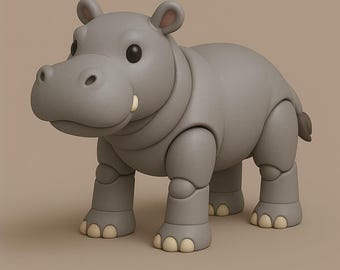 Pode incluir: Figura articulada de hipopótamo cinzento com uma expressão amigável. O hipopótamo de brinquedo tem olhos pretos grandes, orelhas pequenas e uma cauda pequena. Os pés e as pontas das orelhas do hipopótamo são bege claro.