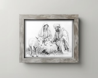 May include: A framed pencil drawing depicting the Nativity scene. The artwork features Mary, Joseph, and baby Jesus, with a lamb in the foreground. The frame is made of weathered wood.