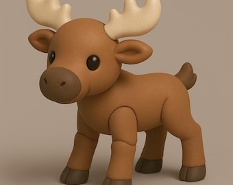 Pode incluir: Uma estatueta de alce marrom com grandes chifres bege claro, cascos marrons escuros e olhos grandes e pretos. O alce tem uma expressão amigável e está em pé sobre um fundo neutro. Este brinquedo é adequado para crianças.