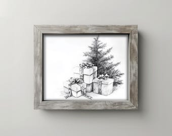 May include: A framed black and white pencil sketch of a Christmas scene. The artwork depicts a small Christmas tree and several wrapped gift boxes tied with ribbons. The frame is made of weathered gray wood.