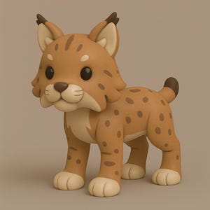 May include: A cartoon-style bobcat figurine. The bobcat is primarily tan with darker brown spots and markings. It has large, black eyes, a white muzzle, and a small, dark brown tail. The figurine is standing on all fours.