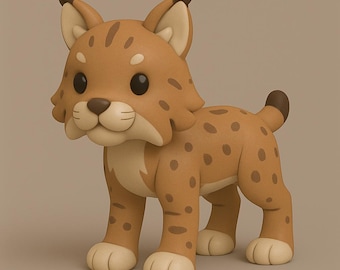 Pode incluir: Uma estatueta de lince em estilo cartoon. O lince é principalmente castanho com manchas e marcas castanhas mais escuras. Tem olhos grandes e pretos, um focinho branco e uma pequena cauda castanha escura. A estatueta está de pé sobre as quatro patas.
