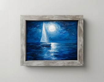 Arte stampabile con mare illuminato dalla luna - Scena serena di barca a vela, dipinto nautico romantico, decorazione notturna costiera, download di paesaggi marini digitali 151