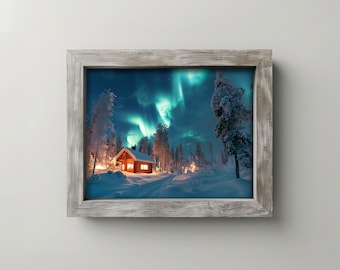 May include: A framed print of a winter landscape featuring a small, illuminated cabin nestled in a snowy forest under a vibrant aurora borealis. The frame is a weathered gray, complementing the cool tones of the scene.