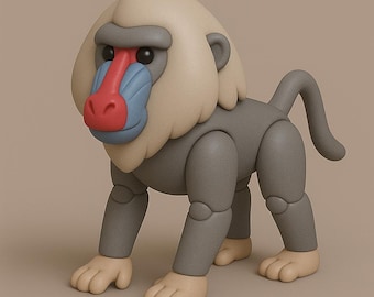 Pode incluir: Figura articulada e estilizada de um mandril. O brinquedo apresenta um rosto bege com nariz vermelho, bochechas azuis e olhos escuros. O corpo é cinza com mãos e pés bege. O macaco está em posição quadrúpede.