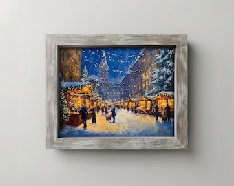 Pode incluir: Pintura emoldurada que retrata uma cena de mercado de Natal nevado à noite. A obra apresenta bancas iluminadas, figuras e um edifício alto ao fundo. A pintura está emoldurada em uma moldura de madeira cinza rústica e desgastada.