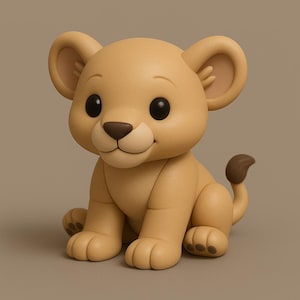 Puede incluir: Figura de cachorro de león de color canela con ojos grandes y oscuros y una sonrisa amistosa. El cachorro está sentado con las patas delanteras y una pequeña cola curvada. Las orejas son redondeadas y la nariz es marrón.