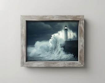 May include: A framed print depicts a lighthouse on a stone wall as a large wave crashes against it. The sky is dark and stormy, and the frame is made of weathered wood. The image is a dramatic seascape.