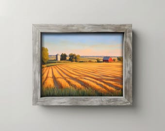Sunlit Farmer's Fields at Golden Hour - Rustic Farm Landscape, Warm Pastoral Art, Printable Country Scene, Cozy Farmhouse Decor Digital 149