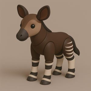 May include: A brown and tan okapi figurine with black eyes, large ears, and a short tail. The legs feature black and white stripes. The okapi is a mammal native to the Congo Basin in Central Africa.