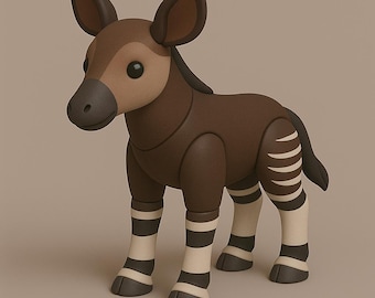 Pode incluir: Uma estatueta de okapi marrom e bege com olhos pretos, orelhas grandes e uma cauda curta. As pernas apresentam listras pretas e brancas. O okapi é um mamífero nativo da bacia do Congo, na África Central.
