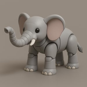 May include: A gray articulated elephant figurine with large ears, a trunk, and small tusks. The toy elephant has black eyes and white toenails. The joints allow for posing. The elephant is a toy or collectible.