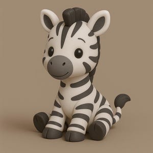 Op de afbeelding: Een schattig zebrafiguur in zittende positie. De zebra is wit met zwarte strepen, donkergrijze hoeven en een donkergrijze manen. De achtergrond is neutraal, wat het ontwerp van de zebra benadrukt.