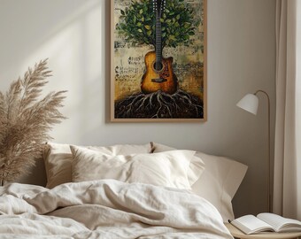 Pode incluir: Uma impressão de arte emoldurada retrata um violão com uma árvore crescendo dele. O violão é marrom e a árvore tem folhas verdes. Notas musicais são visíveis no fundo. A obra de arte é exibida em um quarto.