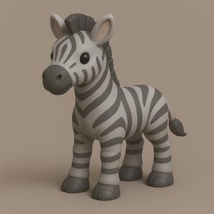 Op de afbeelding: Een grijs en wit zebrafiguur met een cartoonachtig ontwerp. De zebra heeft donkergrijze strepen, een donkergrijze manen en grote zwarte ogen. Het figuur staat op alle vier de poten.