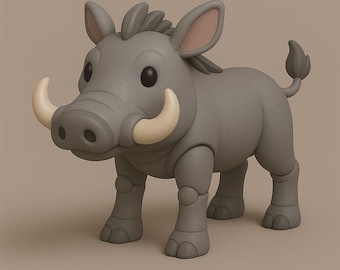 Pode incluir: Figura de javali em estilo cartoon, cinzenta, com grandes presas e membros articulados. A figura apresenta um design detalhado, com orelhas visíveis, uma cauda e um corpo texturizado. As presas são de cor branco creme.