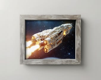May include: A framed print of a white spaceship with orange and yellow exhaust flames against a starry background. The spaceship is detailed with various components and is set against a blue and black space scene.