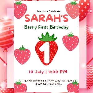 Editable Berry Sweet 1st Birthday Invitation Girl | Strawberry Theme Party Invite PinklRed Instant Access Template|Editable Instant Template