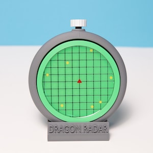 Puede incluir: Un dispositivo circular gris con un botón superior blanco y una pantalla verde con una cuadrícula negra, un triángulo rojo central y cinco puntos amarillos. El dispositivo se asienta sobre una base gris con el texto DRAGON RADAR en relieve.