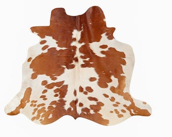 ナチュラルブラウン＆ホワイト牛革ラグ：素朴な農家風インテリア（7 x 6フィート）