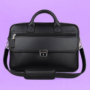 Elegant Black Leather Briefcase | Laptop Bag with Shoulder Strap | Business & Office Bag