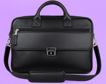 エレガントなブラックレザーブリーフケース | ショルダーストラップ付きノートパソコンバッグ | ビジネス＆オフィスバッグ