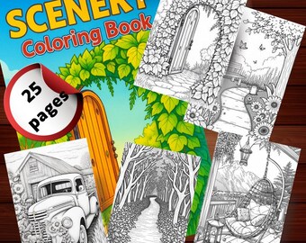 大人と子供向けの風景塗り絵帳（印刷可能、25ページの風景自然ページ）