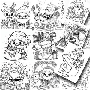May include: A collection of black and white Christmas-themed coloring pages featuring Santa Claus, reindeer, and festive decorations. The illustrations include Santa in various poses, such as carrying gifts, riding a sleigh, and decorating a Christmas tree.