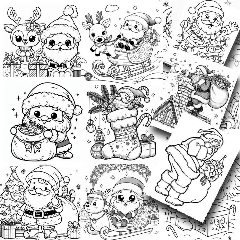 May include: A collection of black and white Christmas-themed coloring pages featuring Santa Claus, reindeer, and festive decorations. The illustrations include Santa in various poses, such as carrying gifts, riding a sleigh, and decorating a Christmas tree.