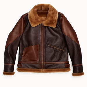 Handgefertigte Shearling Leder Fliegerjacke - Brauner Bomber Mantel mit Pelzkragen