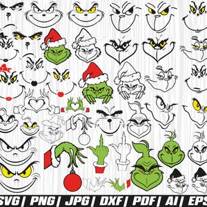 Könnte beinhalten: Eine Sammlung digitaler Illustrationen mit verschiedenen Gesichtsausdrücken und Posen einer grünen Figur. Das Set enthält Schwarz-Weiß-Strichzeichnungen und farbige Versionen mit roten Weihnachtsmützen, gelben Augen und roten Ornamenten. Der Text lautet SVG, PNG, JPG, DXF, PDF, AI, EPS.