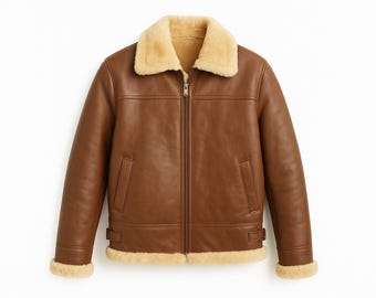 メンズ ブラウン シープスキン レザージャケット（ファーカラー付き）