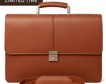 ハンドメイドブラウンレザーブリーフケース（ショルダーストラップ付き） - ビジネス用ノートパソコンバッグ