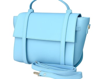 ライトブルーレザーハンドバッグ｜レディース ストラップ付きクロスボディショルダーバッグ｜エレガントなデイリートート