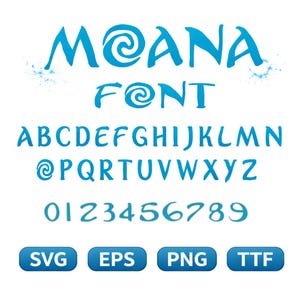 May include: A digital font set in a light blue color, featuring the word "MOANA" at the top, followed by "FONT". The alphabet, numbers, and file type icons (SVG, EPS, PNG, TTF) are also displayed in the same color.