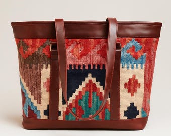 ハンドメイドキリムトートバッグ｜本革ボヘミアン風財布