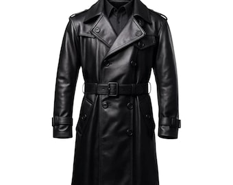 ハンドメイドのブラックレザートレンチコート：ダブルブレストの冬用アウター