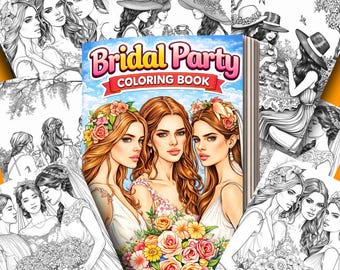 大人のためのブライダルパーティーぬり絵：結婚式とブライズメイドのぬり絵ページ