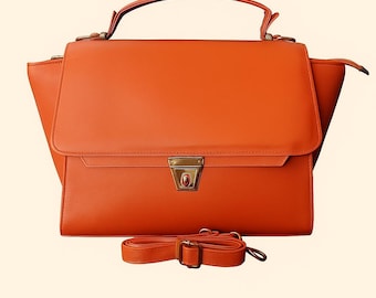 スタイリッシュなオレンジレザーハンドバッグ（調節可能なストラップ付き） – エレガントなレディースショルダー＆トートバッグ