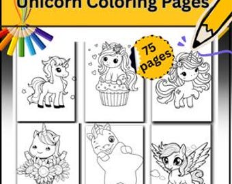 ユニコーンのぬり絵 - 75枚の印刷可能なデジタルぬり絵シート、子供向けアクティビティブック、すぐにダウンロード可能