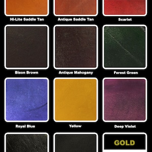 May include: A chart showing 12 different leather stain colors, including Hi-Lite Saddle Tan, Antique Saddle Tan, Scarlet, Bison Brown, Antique Mahogany, Forest Green, Royal Blue, Yellow, Deep Violet, Midnight Black, Coal Black, Gold, and Silver. The chart is titled "AVAILABLE LEATHER STAIN COLORS" and "aLaymanStudios".