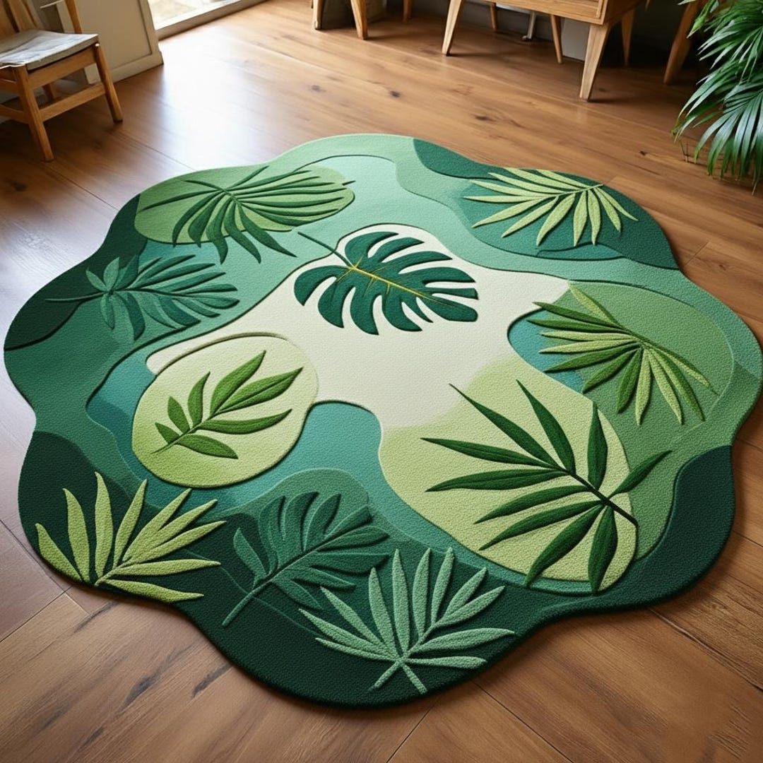 Irregular Green Leaf Rug – 3D Textured Botanical Wool Carpet, Tropical ...
