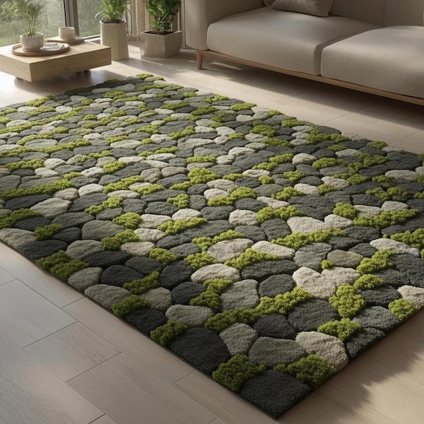 Tapis 3D en laine de mousse et de pierre – Tapis de sol biophilique effet forêt – Salon