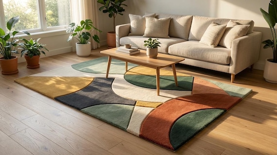 Mid Century Modern Color Block Rug – Teal, Mustard & Rust Geometric Wool Carpet | Living Room
