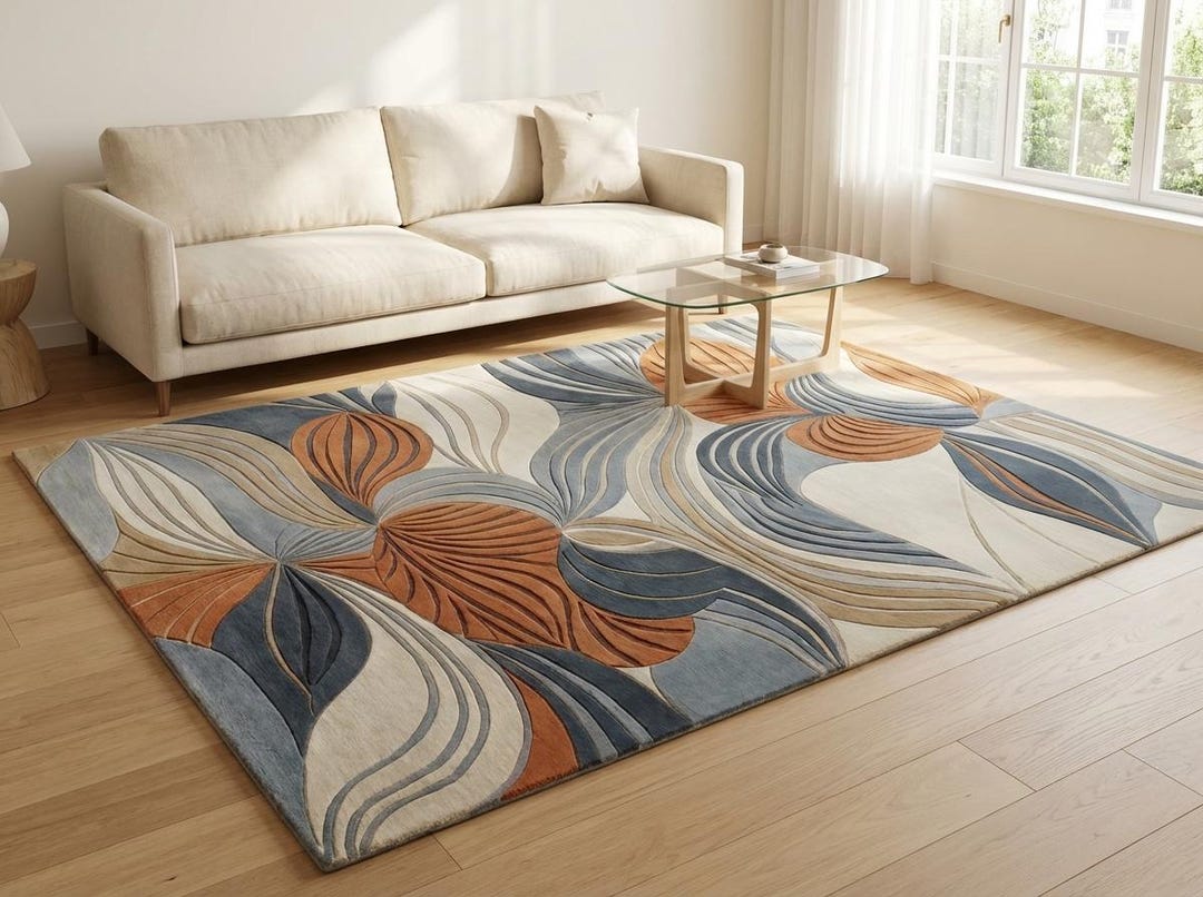 Abstract Floral Wool Rug – Blue, Rust, Cream Wavy Carpet, 3D Botanical