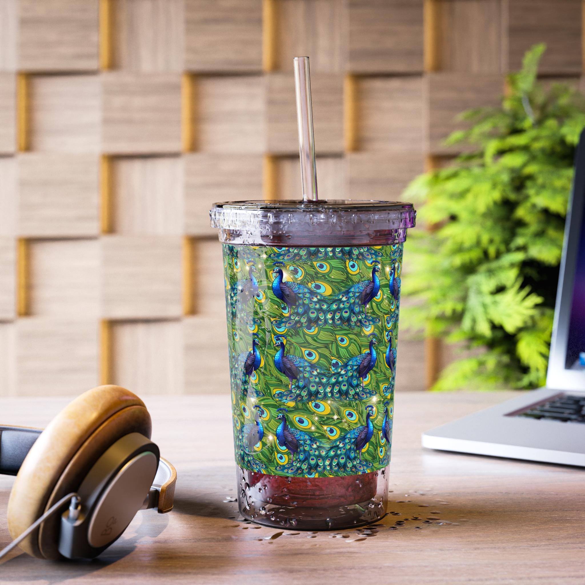 Peacock Acrylic Tumbler: Insulated Travel Cup, Tropical Drink Mug