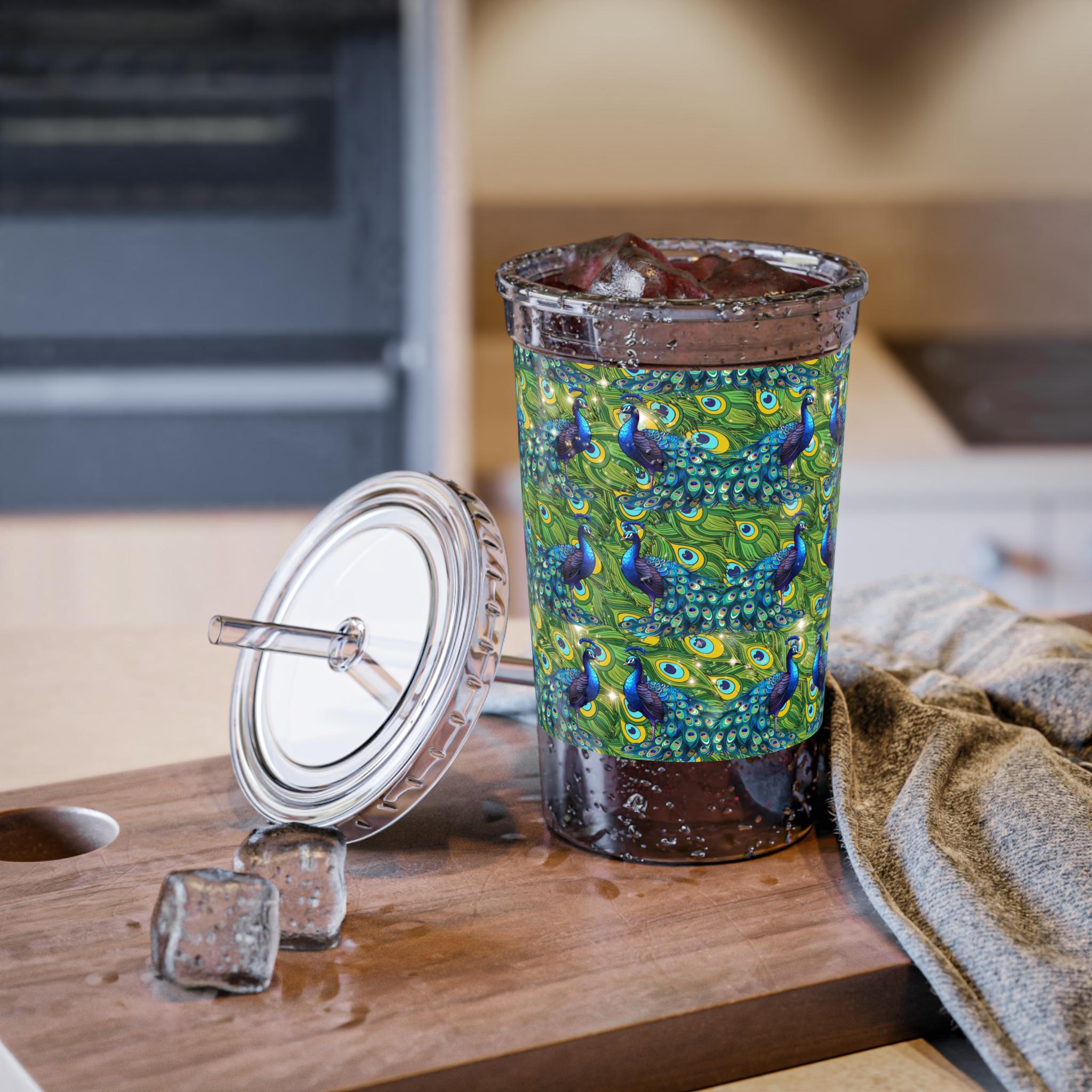 Peacock Acrylic Tumbler: Insulated Travel Cup, Tropical Drink Mug