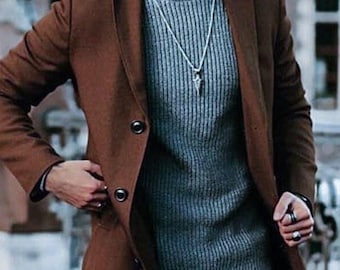 Handmade Brown Wool Mens Trench Coat, Tailored Winter Overcoat