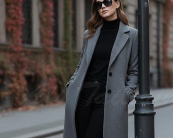 Women's Grey Long Coat - Elegant Tailored Fit, Modern Look